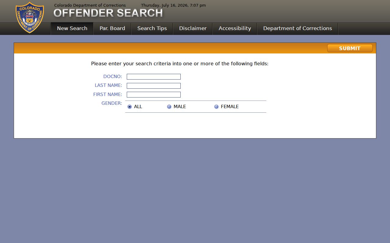 Official Colorado Department of Corrections offender search form