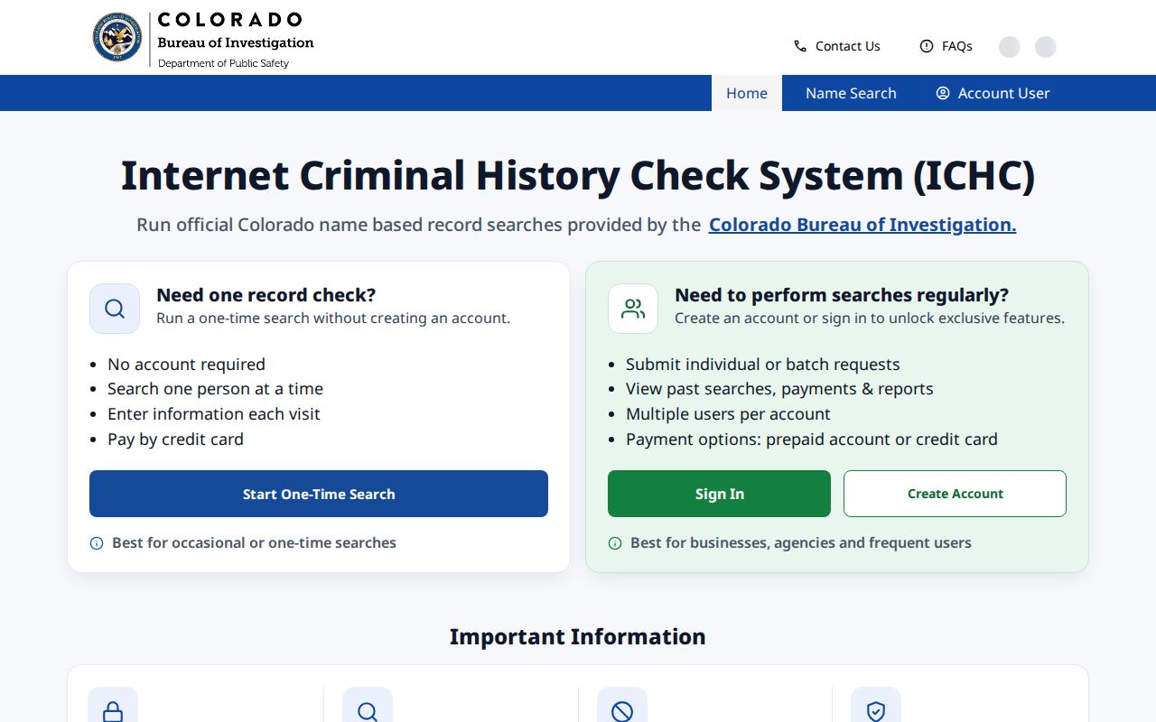 Official Colorado ICHC name-based criminal history search interface
