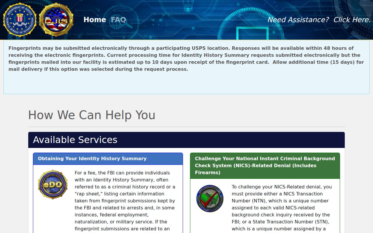 Official FBI electronic Identity History Summary submission portal